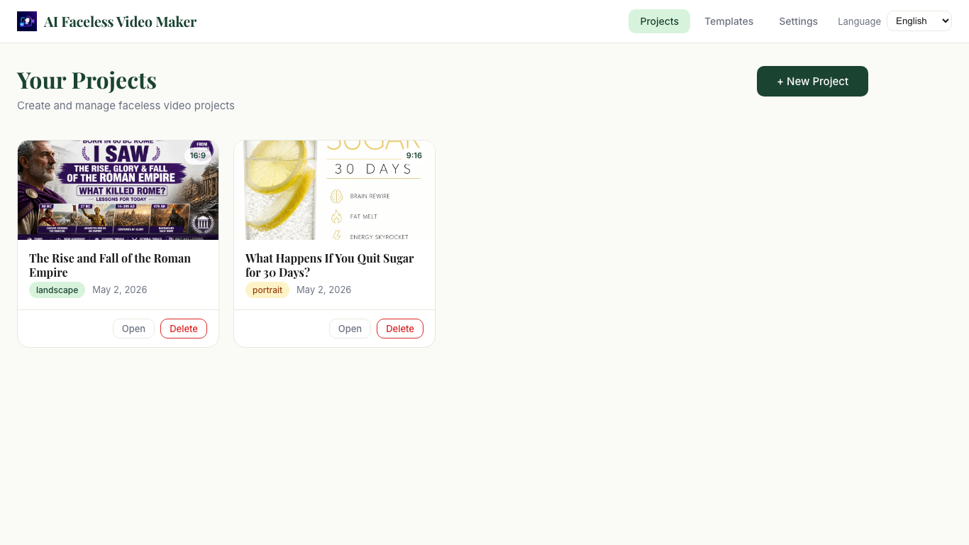 AI Faceless Video Maker – Projects dashboard