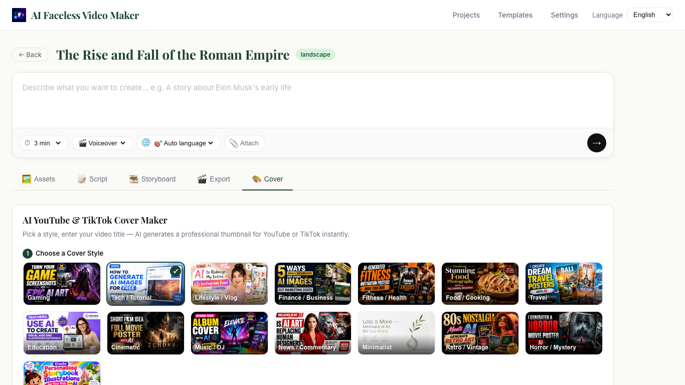 AI Faceless Video Maker – Cover and thumbnail designer
